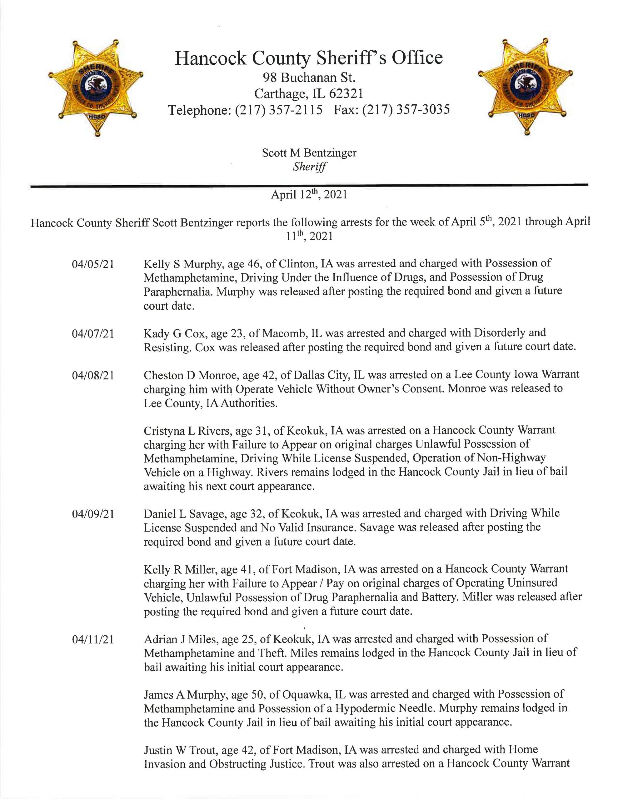Weekly Arrest Report (April 12th)