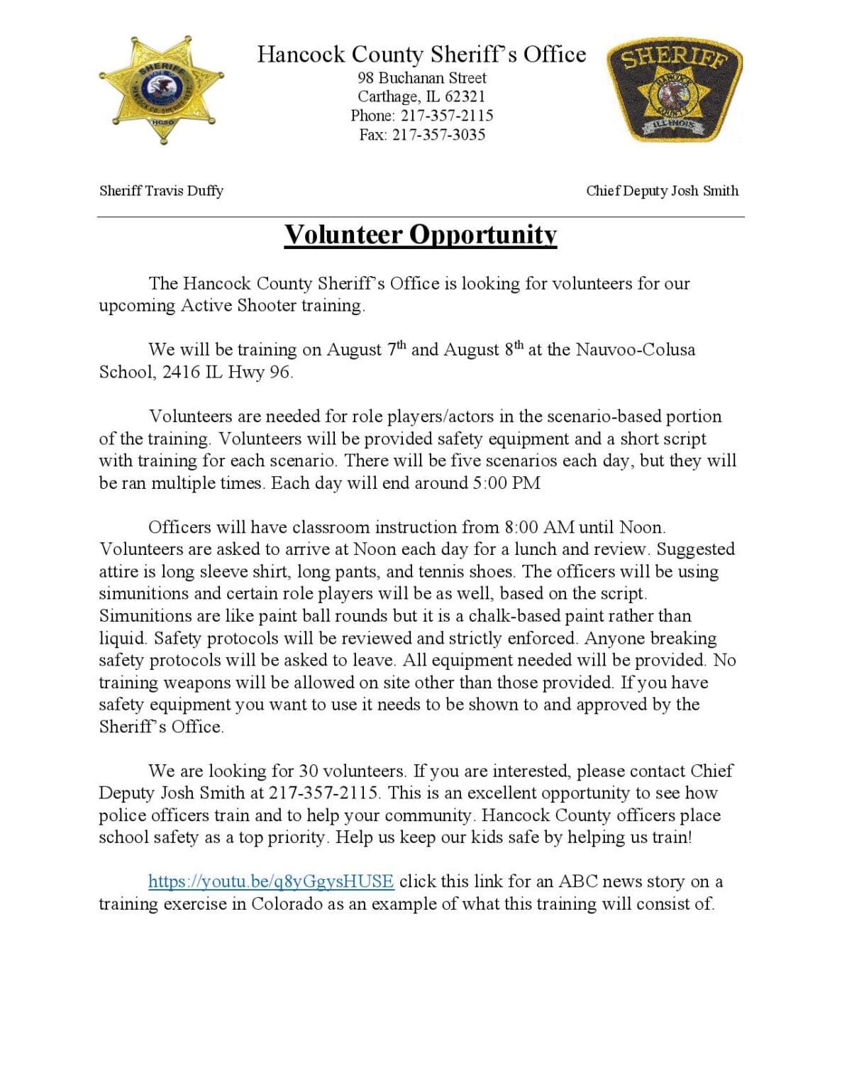 HCSO Seeking Volunteers For Upcoming Training